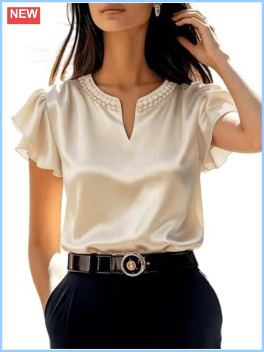 Women's Crepe-Back Satin Blouse Pearl Beaded V-Neck Ruffle Flutter Sleeve